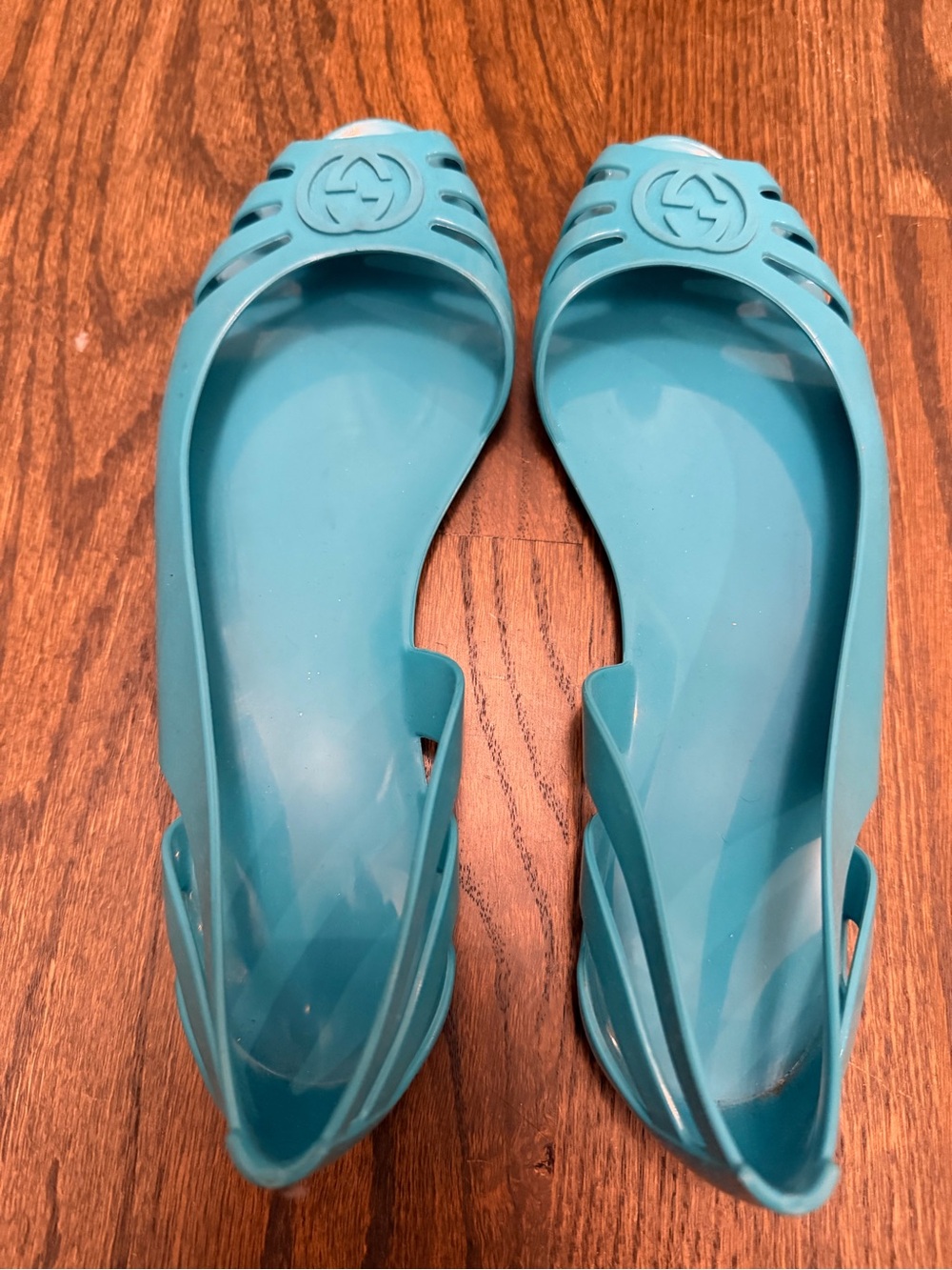 Gucci Teal Open-Toe Jelly Flats with Logo Band